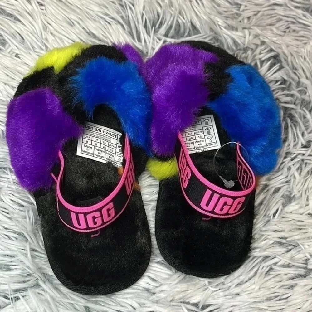 New! Multicolored Ugg Faux Fur Slippers Size 9